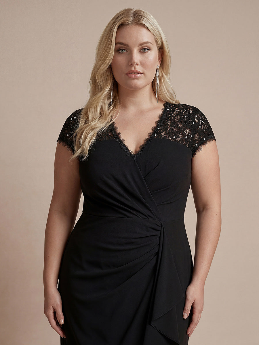 robe midi sirène à volants en sequins à manches courtes avec décolleté croisé #Couleur_Noir