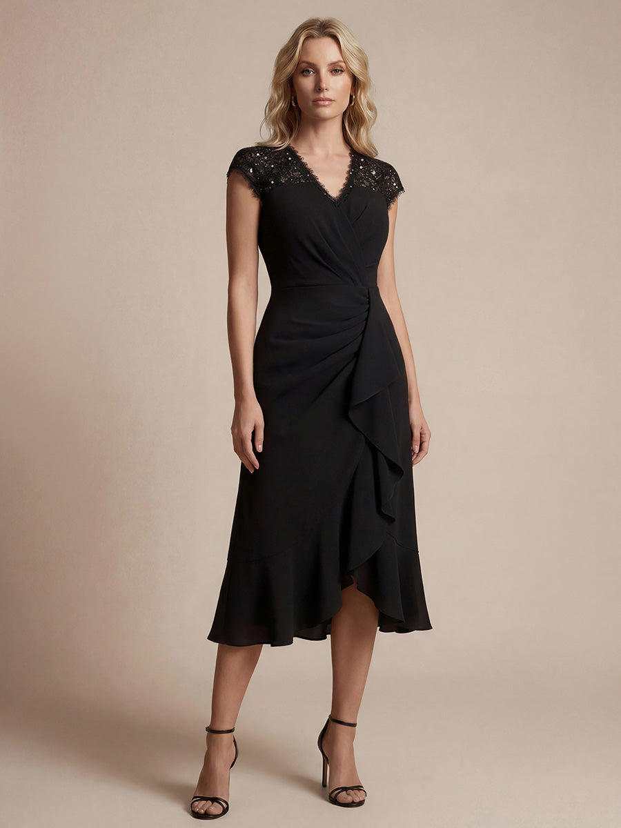 robe midi sirène à volants en sequins à manches courtes avec décolleté croisé #Couleur_Noir