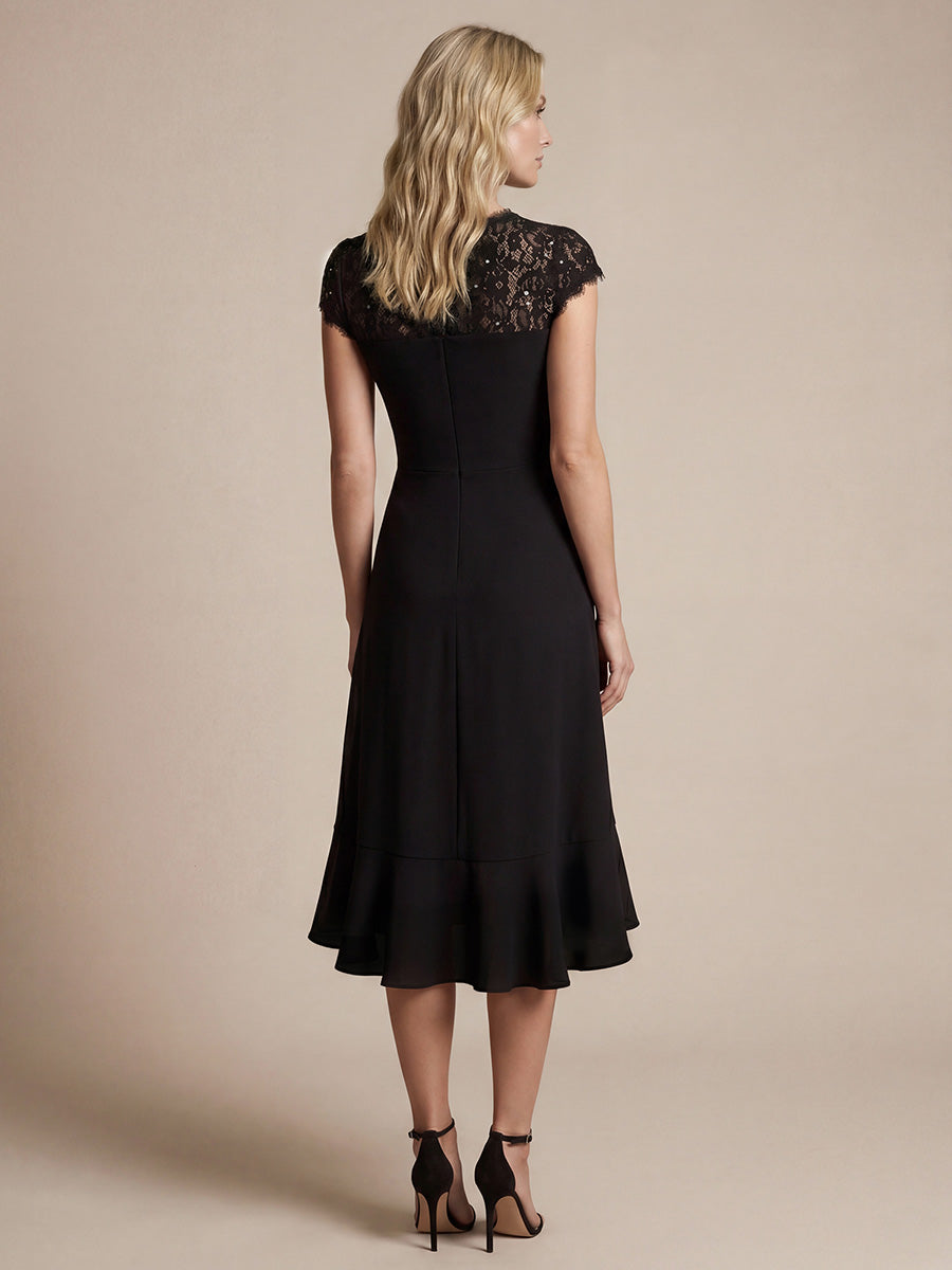 robe midi sirène à volants en sequins à manches courtes avec décolleté croisé #Couleur_Noir