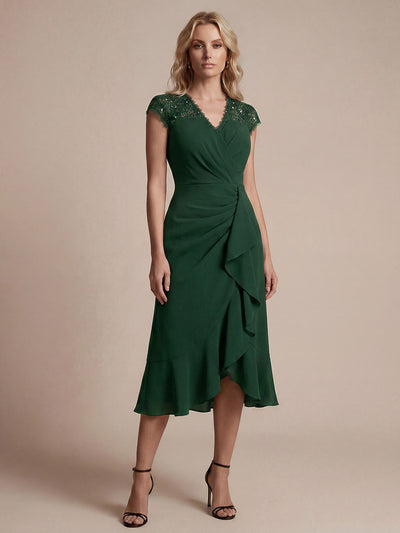 Robe midi sirène à volants en sequins à manches courtes avec décolleté croisé
