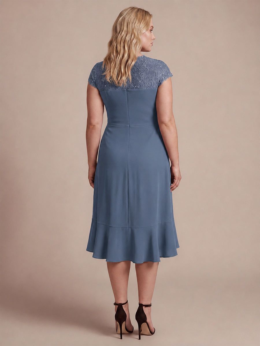 robe midi sirène à volants en sequins à manches courtes avec décolleté croisé #Couleur_Marine Fume