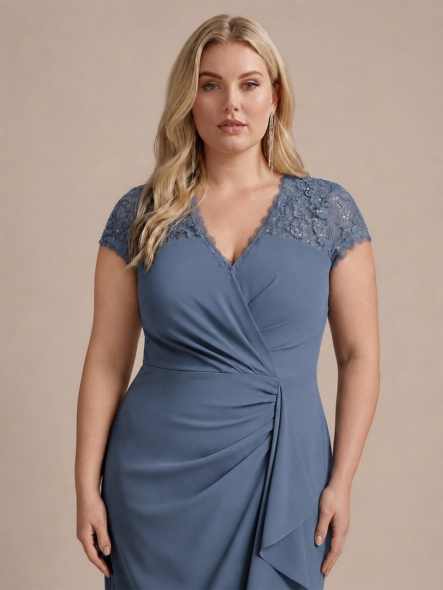 robe midi sirène à volants en sequins à manches courtes avec décolleté croisé #Couleur_Marine Fume