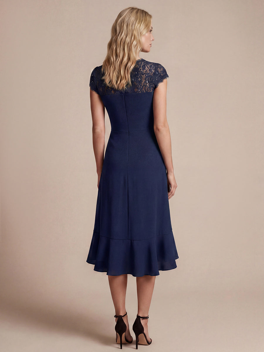 robe midi sirène à volants en sequins à manches courtes avec décolleté croisé #Couleur_Bleu Marine