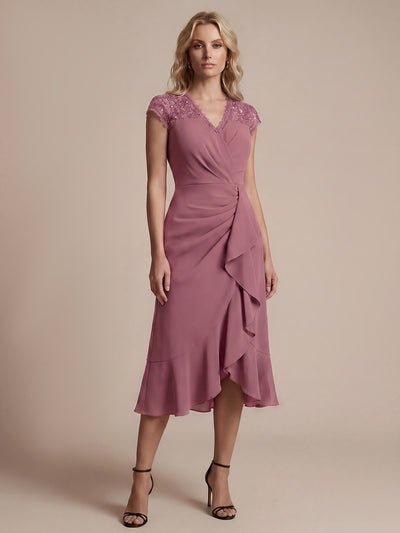 Robe midi sirène à volants en sequins à manches courtes avec décolleté croisé
