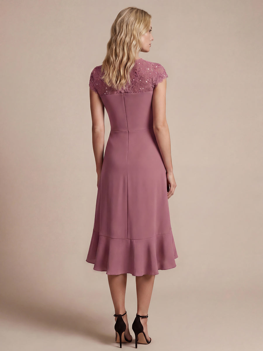 robe midi sirène à volants en sequins à manches courtes avec décolleté croisé #Couleur_Orchidee