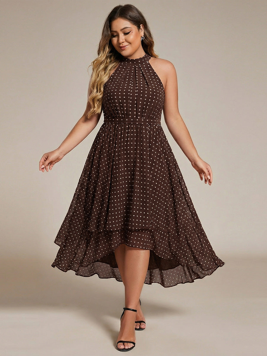 Robe d'invité de mariage mi-longue sans manches et col licou en mousseline de soie #Couleur_Pois Marrons