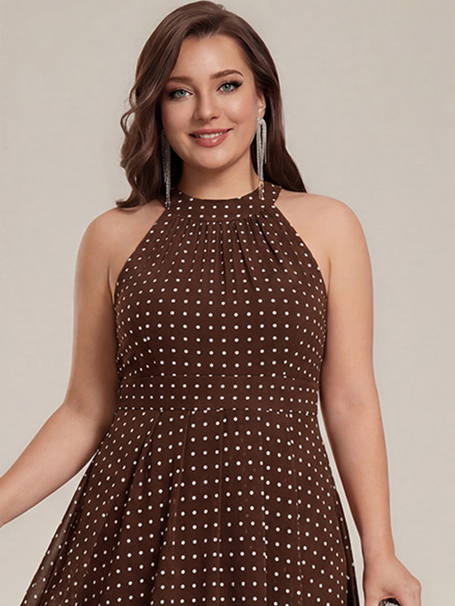 Robe d'invité de mariage mi-longue sans manches et col licou en mousseline de soie #Couleur_Pois Marrons