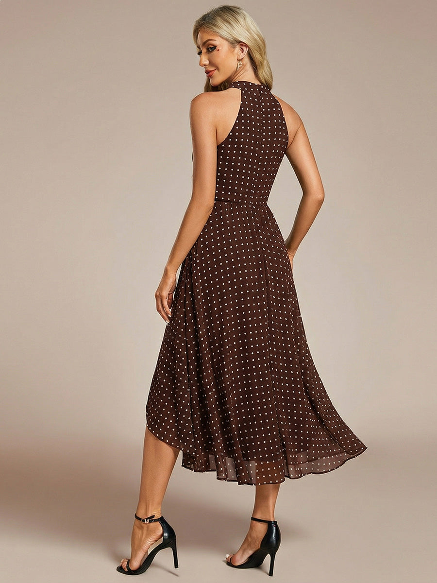 Robe d'invité de mariage mi-longue sans manches et col licou en mousseline de soie #Couleur_Pois Marrons