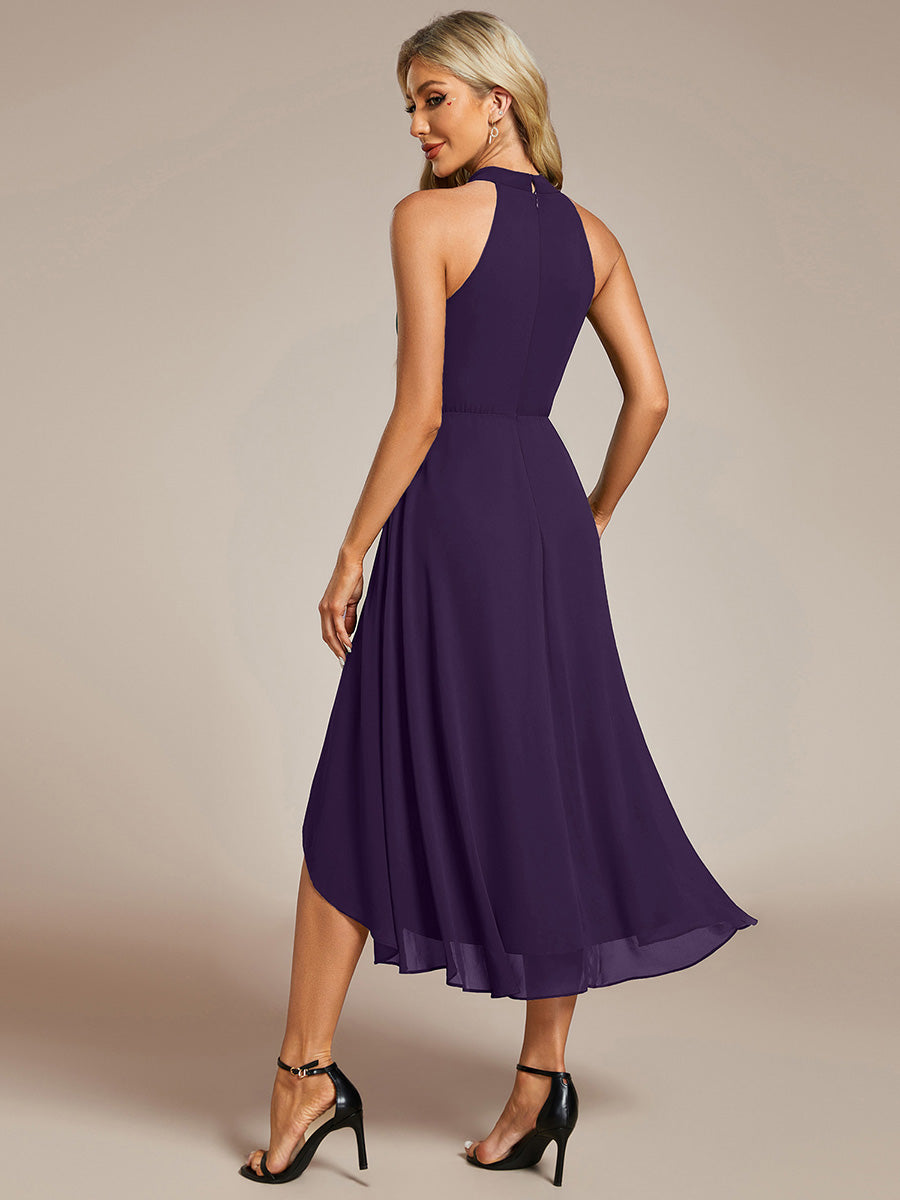 Robe d'invité de mariage mi-longue sans manches et col licou en mousseline de soie #Couleur_Violet Fonce