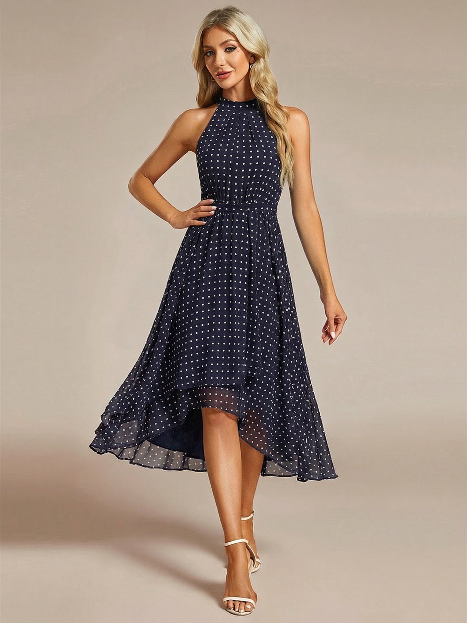 Robe d'invité de mariage mi-longue sans manches et col licou en mousseline de soie #Couleur_Pois Noirs