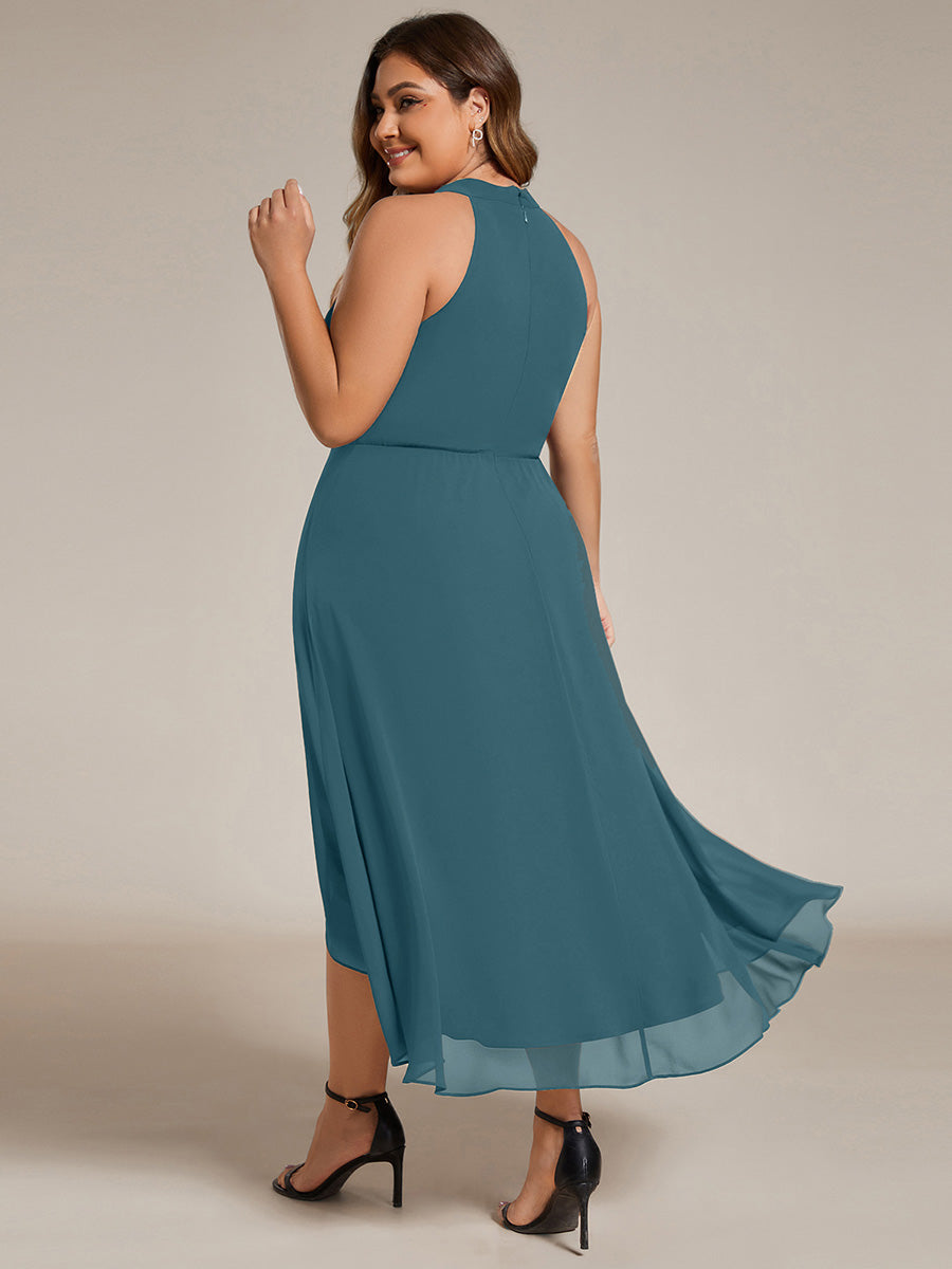 Robe d'invité de mariage mi-longue sans manches et col licou en mousseline de soie #Couleur_Bleu Sarcelle