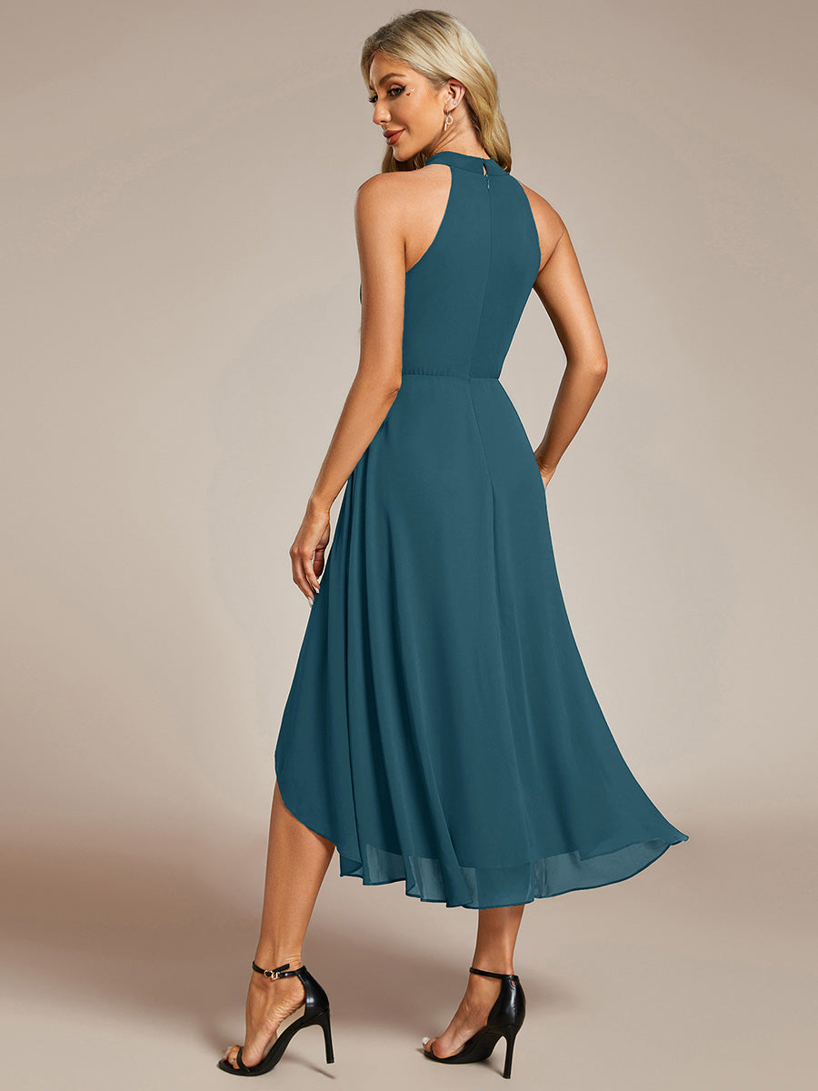 Robe d'invité de mariage mi-longue sans manches et col licou en mousseline de soie #Couleur_Bleu Sarcelle