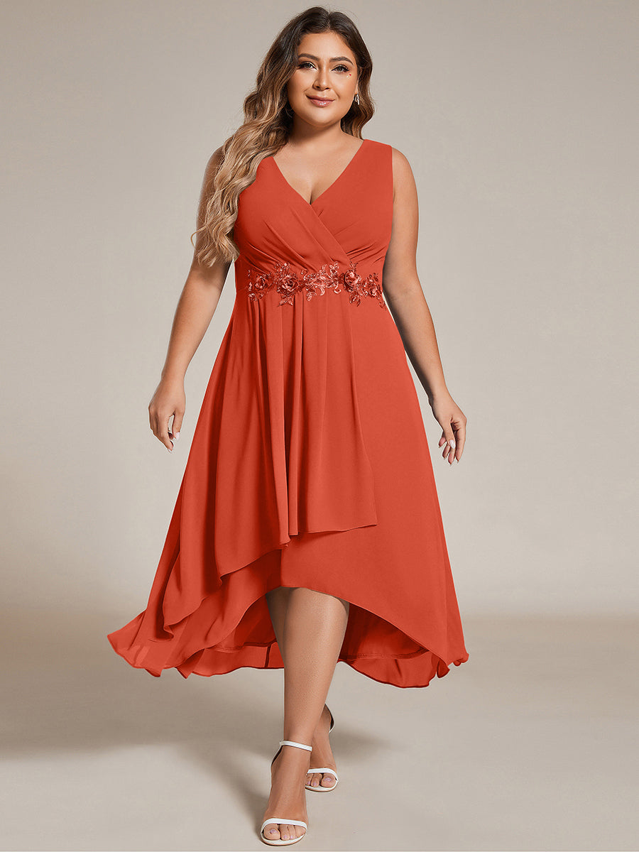 Robe d'invité de mariage haute-basse en mousseline de soie sans manches avec applique à la taille #Couleur_Burnt Orange