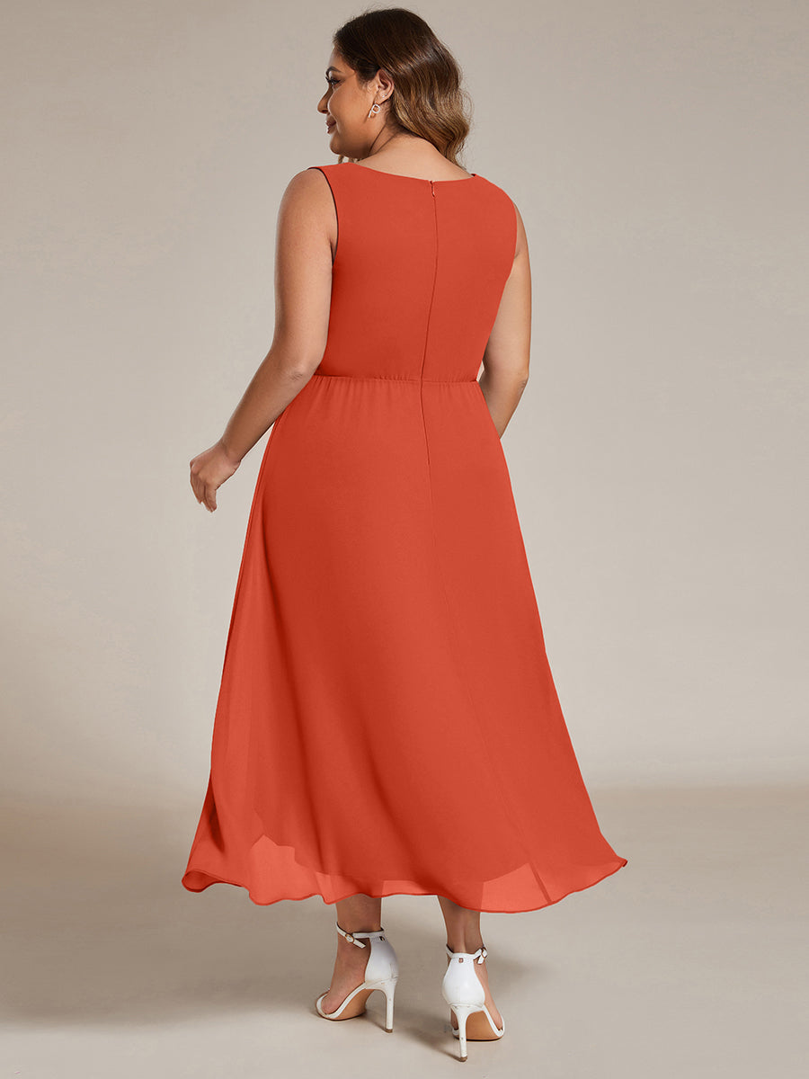 Robe d'invité de mariage haute-basse en mousseline de soie sans manches avec applique à la taille #Couleur_Burnt Orange