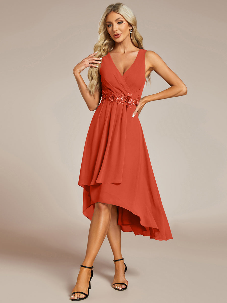 Robe d'invité de mariage haute-basse en mousseline de soie sans manches avec applique à la taille #Couleur_Burnt Orange