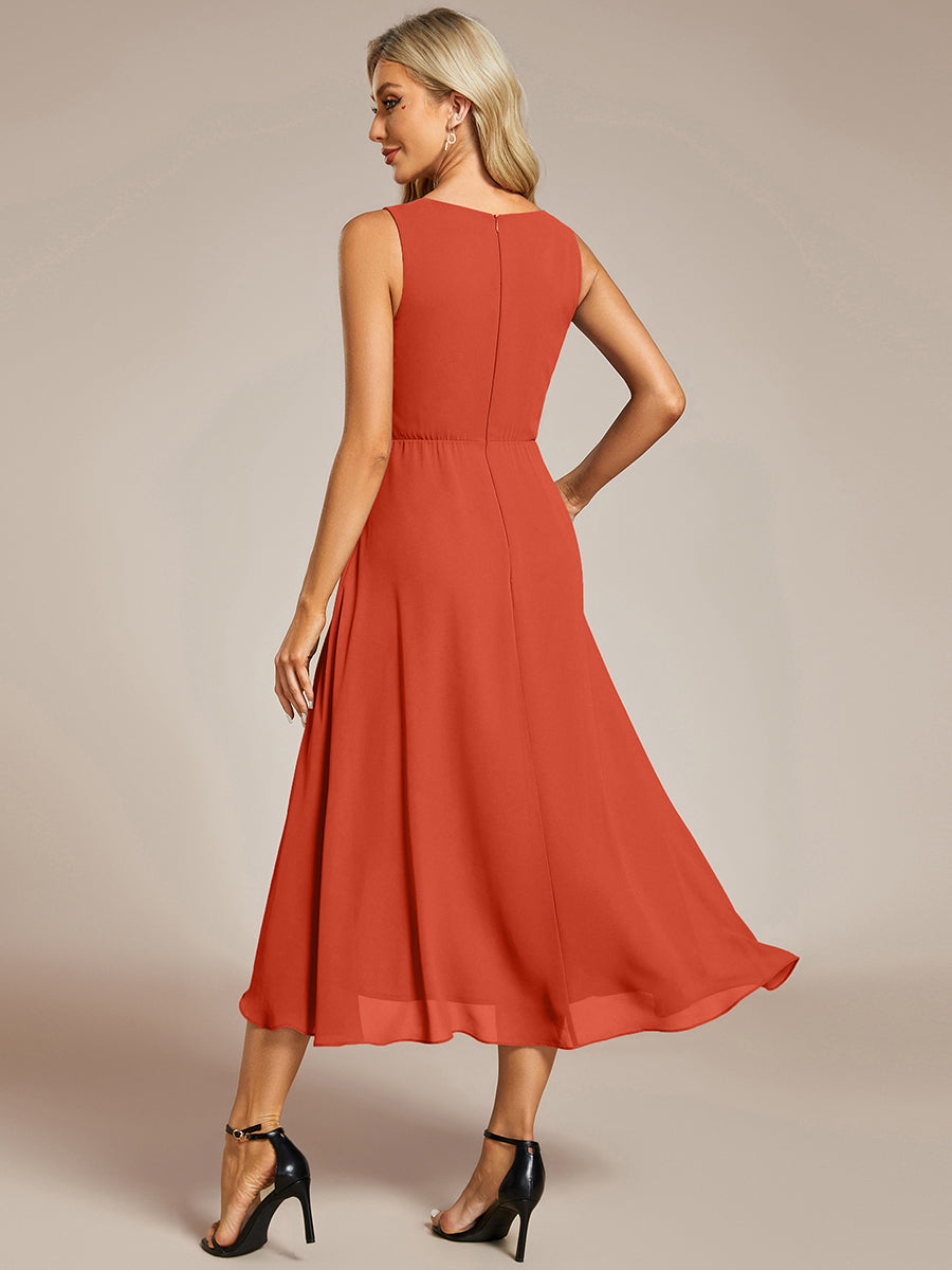 Robe d'invité de mariage haute-basse en mousseline de soie sans manches avec applique à la taille #Couleur_Burnt Orange