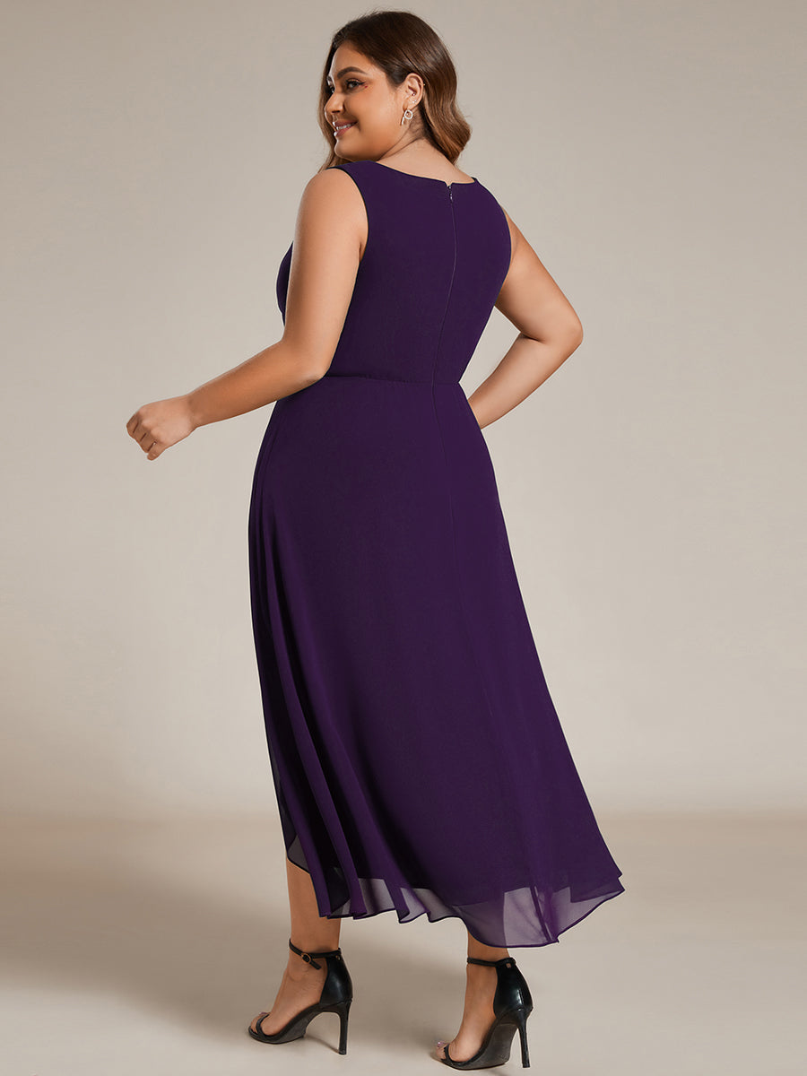 Robe d'invité de mariage haute-basse en mousseline de soie sans manches avec applique à la taille #Couleur_Violet Fonce