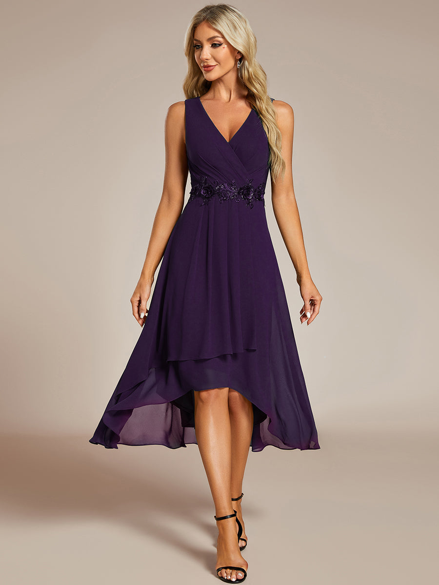 Robe d'invité de mariage haute-basse en mousseline de soie sans manches avec applique à la taille #Couleur_Violet Fonce