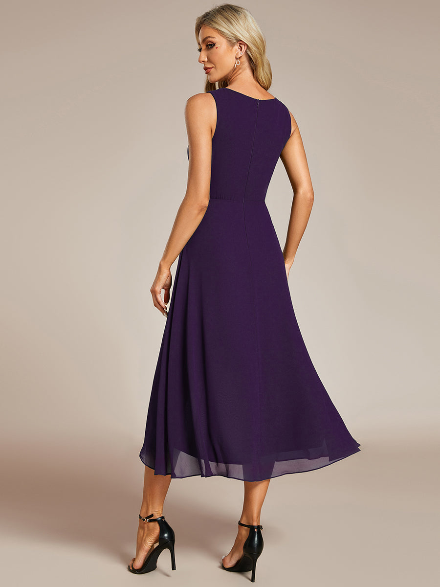 Robe d'invité de mariage haute-basse en mousseline de soie sans manches avec applique à la taille #Couleur_Violet Fonce