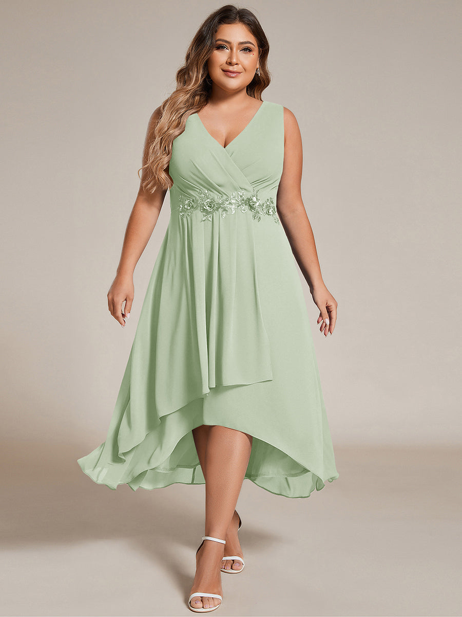 Robe d'invité de mariage haute-basse en mousseline de soie sans manches avec applique à la taille #Couleur_Menthe Verte