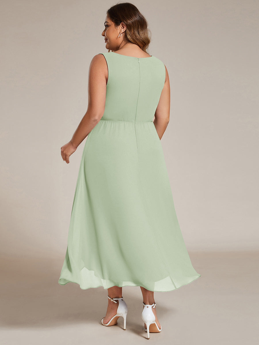 Robe d'invité de mariage haute-basse en mousseline de soie sans manches avec applique à la taille #Couleur_Menthe Verte