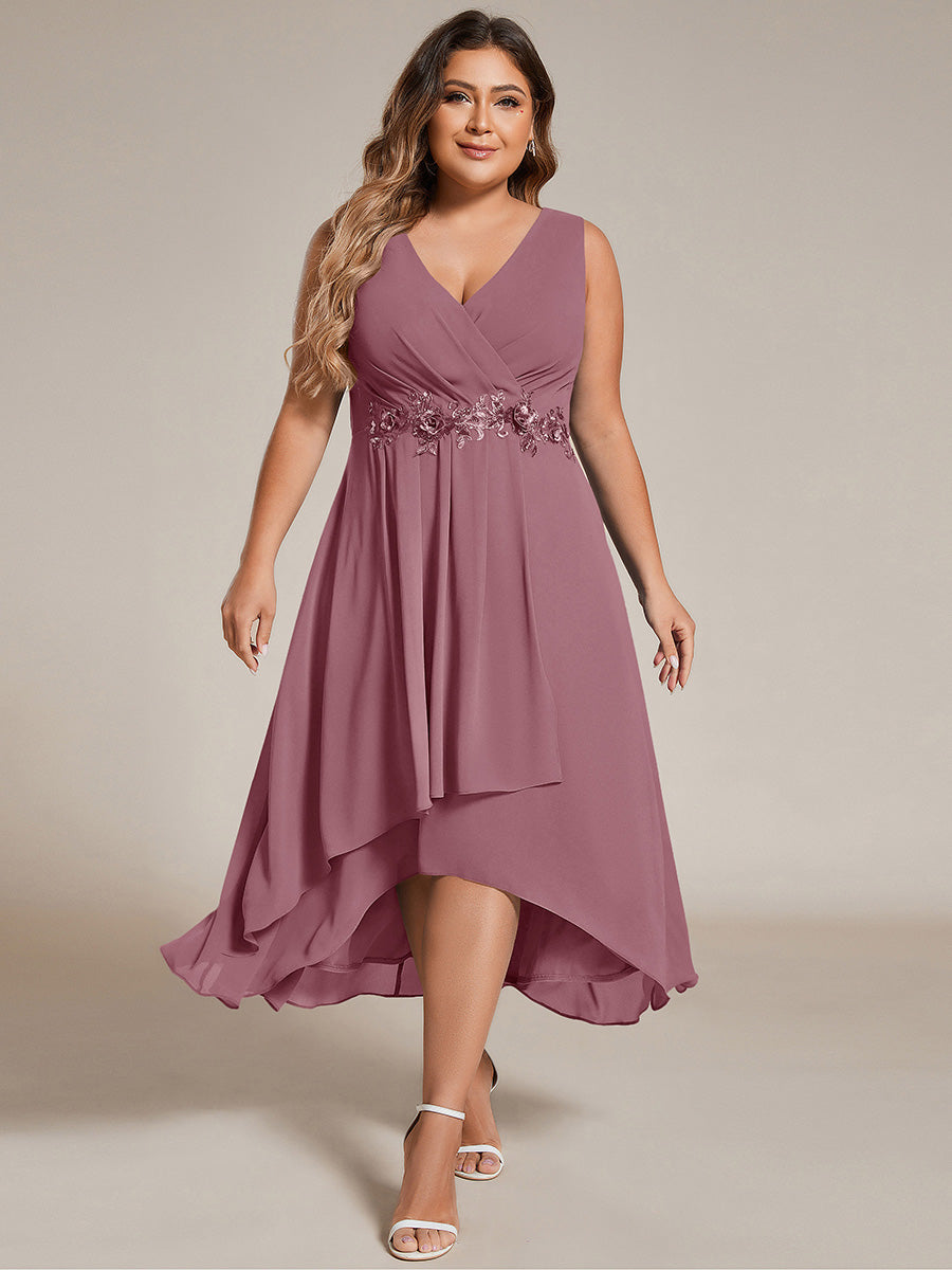 Robe d'invité de mariage haute-basse en mousseline de soie sans manches avec applique à la taille #Couleur_Orchidee