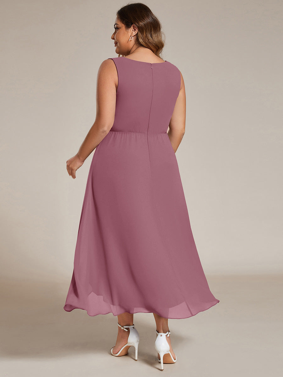 Robe d'invité de mariage haute-basse en mousseline de soie sans manches avec applique à la taille #Couleur_Orchidee