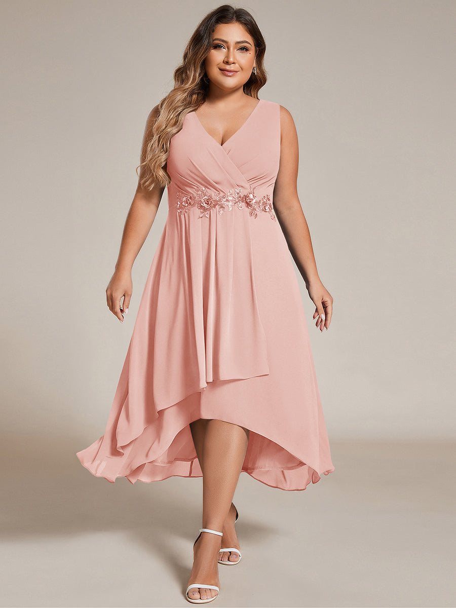 Robe d'invité de mariage haute-basse en mousseline de soie sans manches avec applique à la taille #Couleur_Rose
