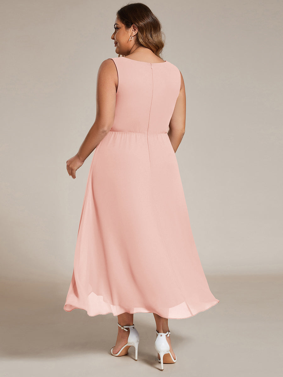 Robe d'invité de mariage haute-basse en mousseline de soie sans manches avec applique à la taille #Couleur_Rose