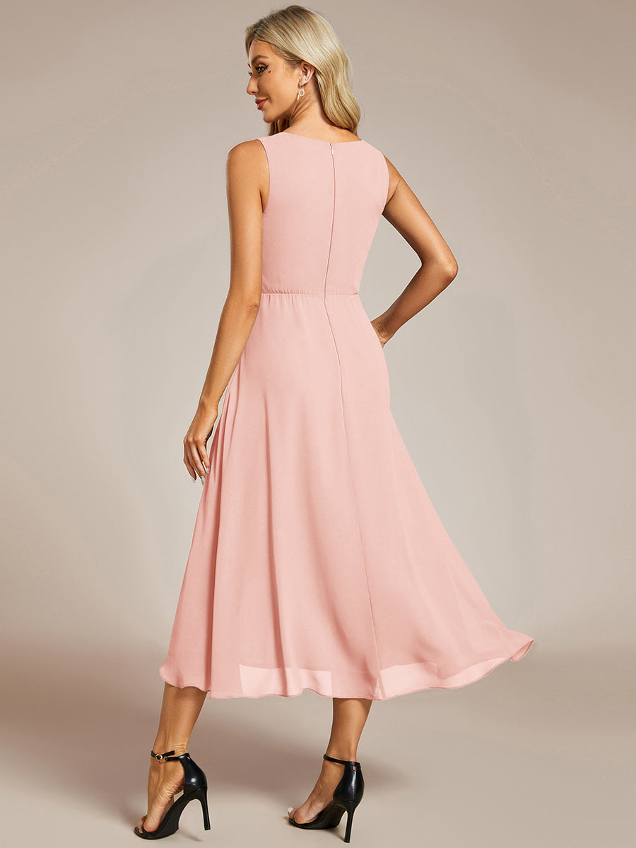 Robe d'invité de mariage haute-basse en mousseline de soie sans manches avec applique à la taille #Couleur_Rose