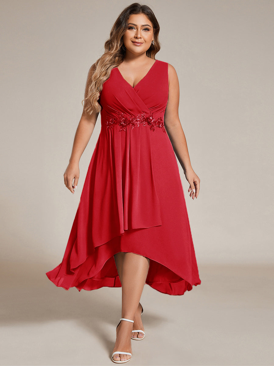 Robe d'invité de mariage haute-basse en mousseline de soie sans manches de grande taille avec applique à la taille #Couleur_Rouge