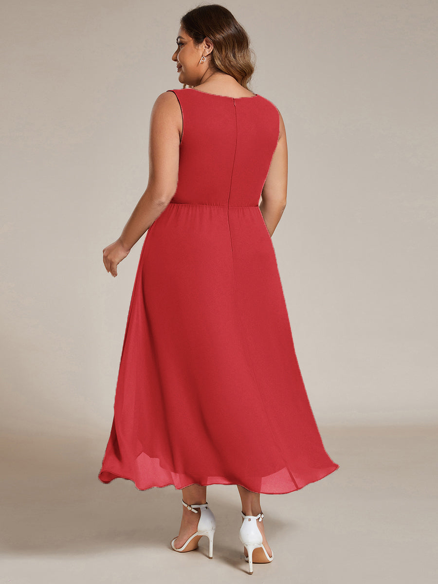 Robe d'invité de mariage haute-basse en mousseline de soie sans manches de grande taille avec applique à la taille #Couleur_Rouge