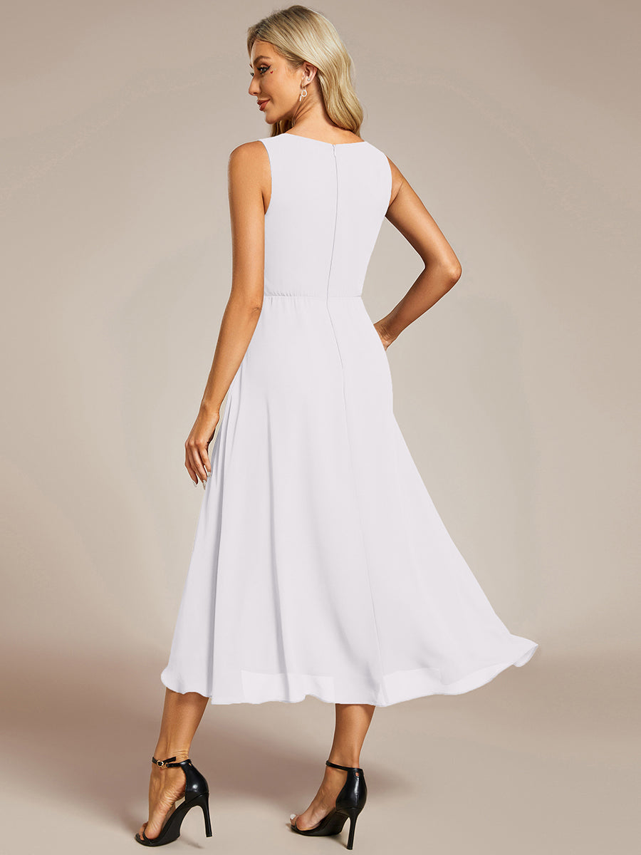 Robe d'invité de mariage haute-basse en mousseline de soie sans manches avec applique à la taille #Couleur_Blanc