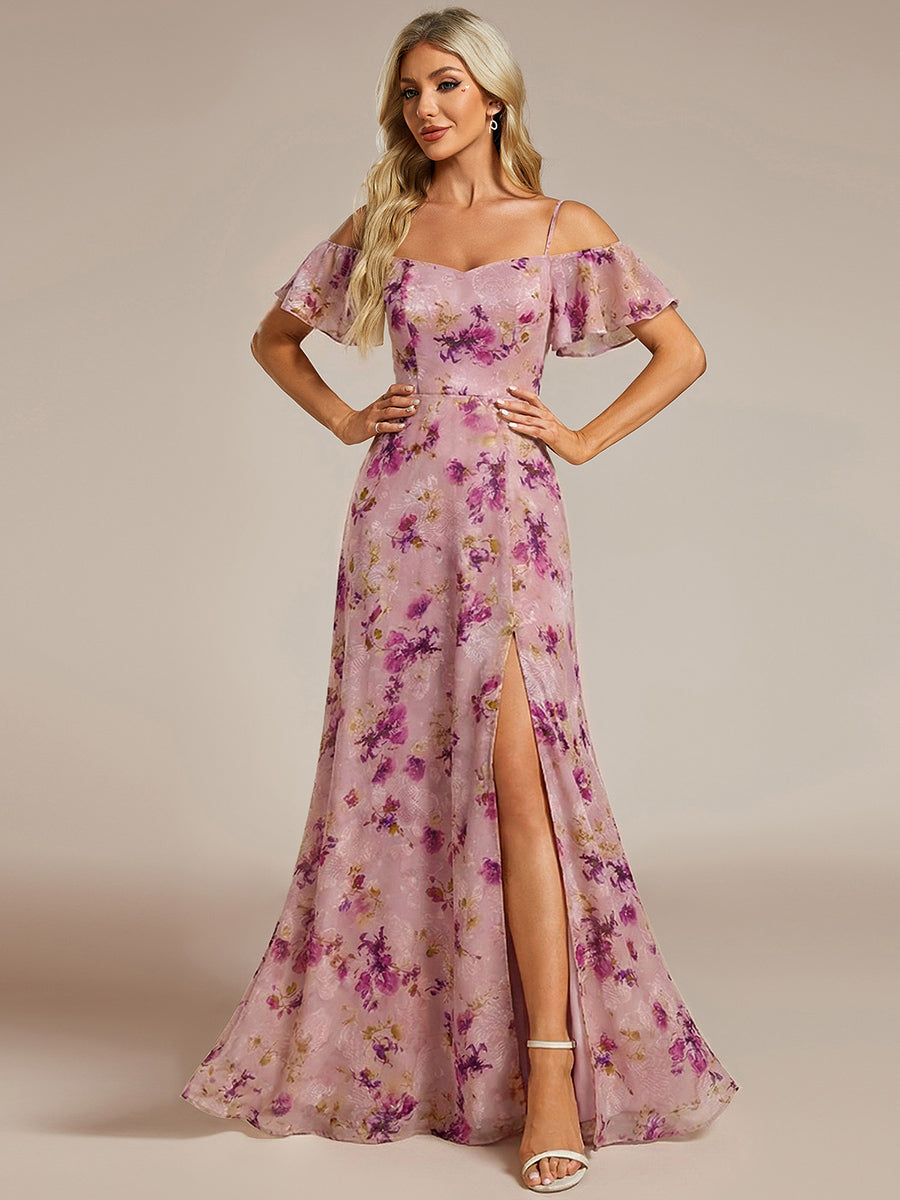 Robe d'invité de mariage trapèze en mousseline fluide à encolure ronde et longueur au genou #Couleur_Imprimé Violet Clair
