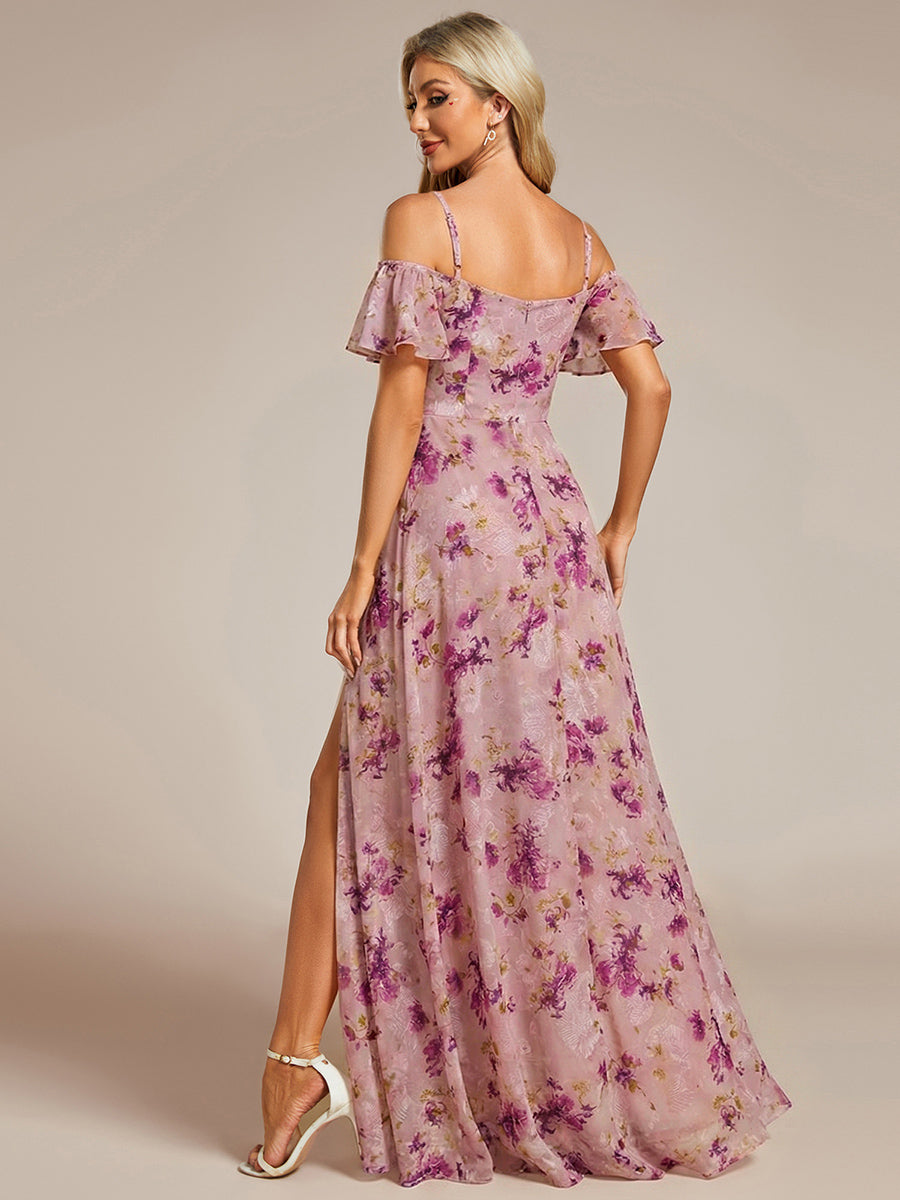 Robe d'invité de mariage trapèze en mousseline fluide à encolure ronde et longueur au genou #Couleur_Imprimé Violet Clair