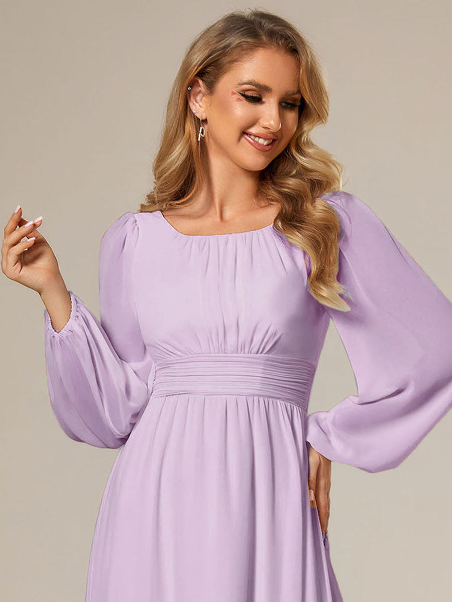 Robe D'invité De Mariage En Mousseline De Soie Mi-Longue Plissée à Manches à Volants Et Col En V #Couleur_Lilas Givré