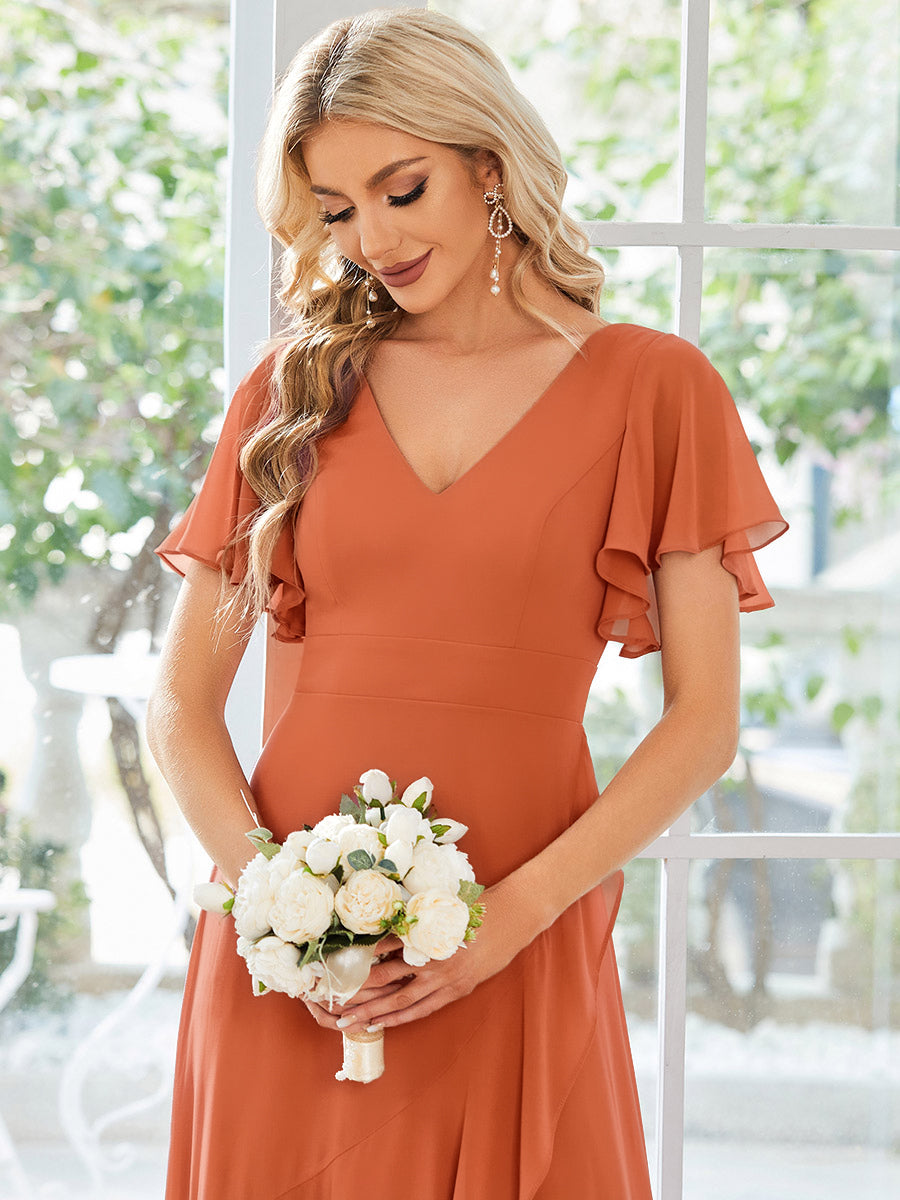 Robe demoiselle d'honneur Superbe mousseline Manches volantées à ourlet lotus #Couleur_Fuchsia Melon Ambré