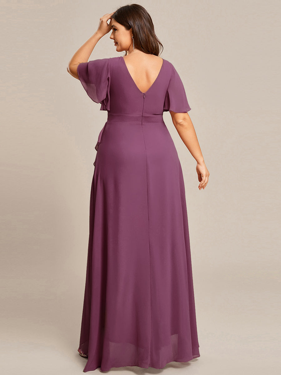 Robe demoiselle d'honneur Superbe mousseline Manches volantées à ourlet lotus #Couleur_Fuchsia Prune Foncée