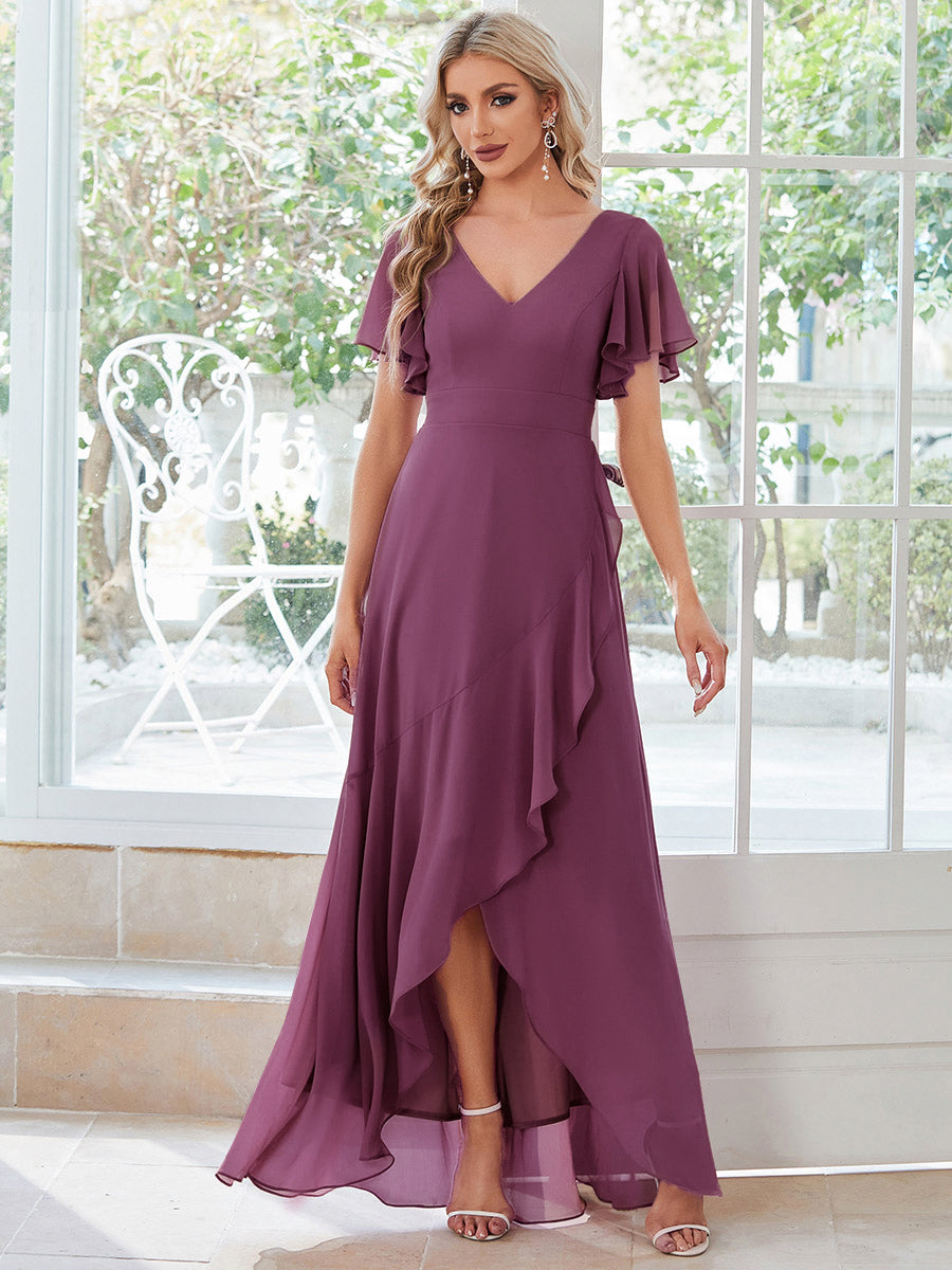 Robe demoiselle d'honneur Superbe mousseline Manches volantées à ourlet lotus #Couleur_Fuchsia Prune Foncée