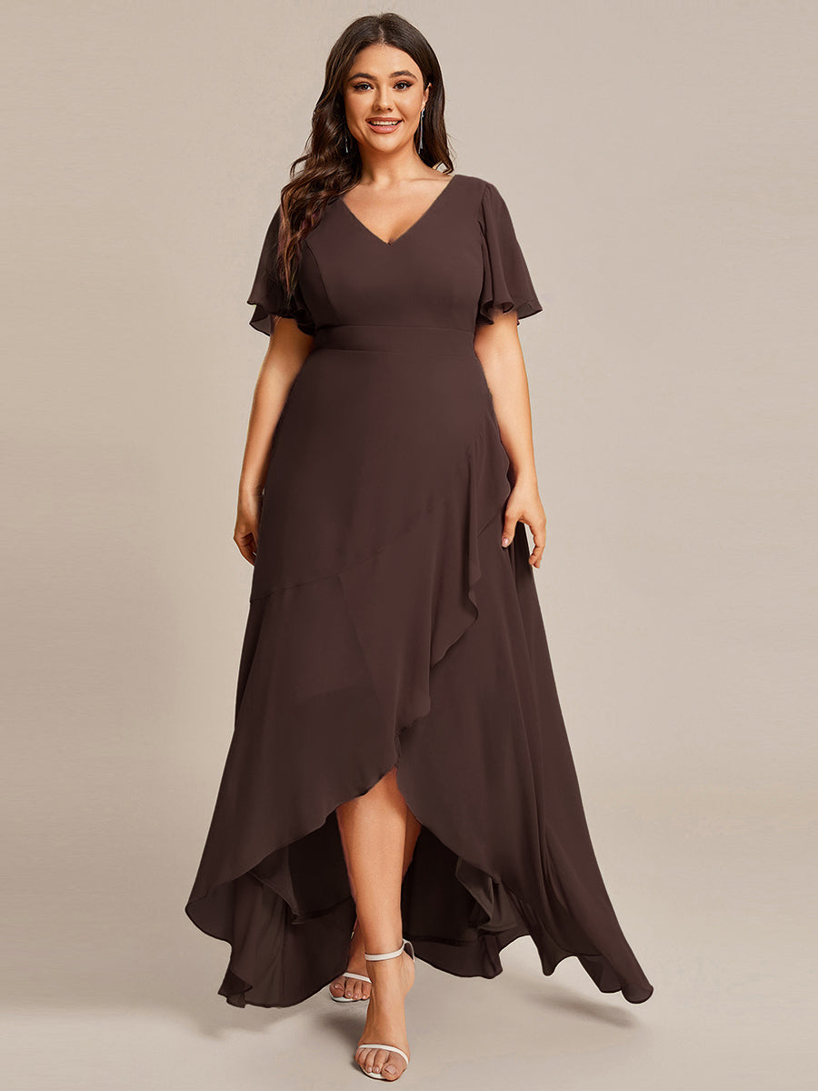 Robe demoiselle d'honneur Superbe mousseline Manches volantées à ourlet lotus #Couleur_Fuchsia Marron Espresso