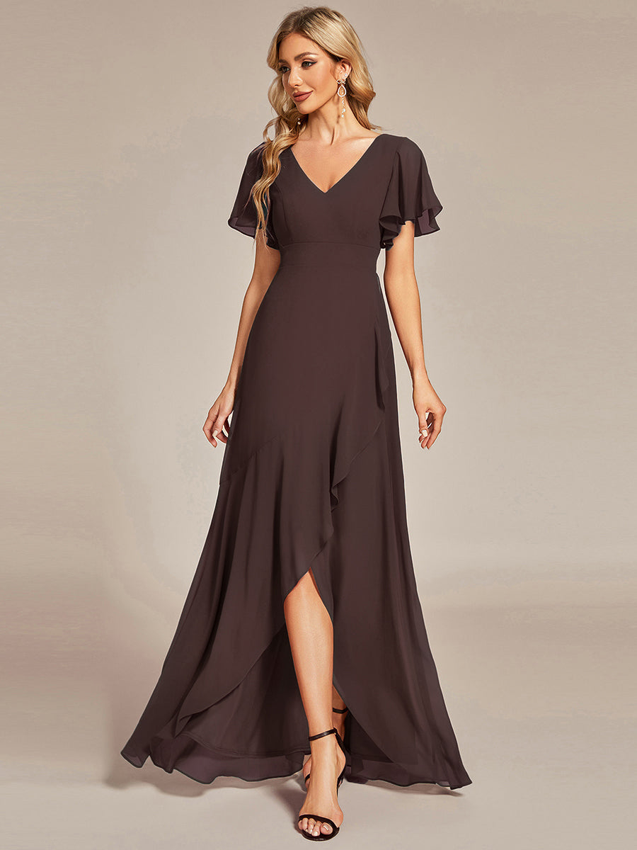 Robe demoiselle d'honneur Superbe mousseline Manches volantées à ourlet lotus #Couleur_Fuchsia Marron Espresso