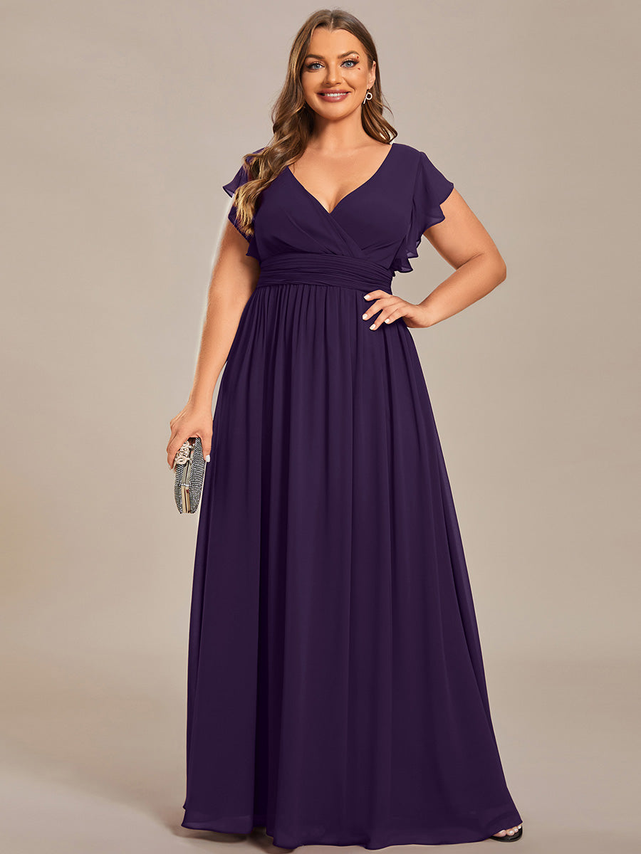 Robe D'invité De Mariage En Mousseline De Soie Mi-Longue Plissée à Manches à Volants Et Col En V  #Couleur_Violet Fonce