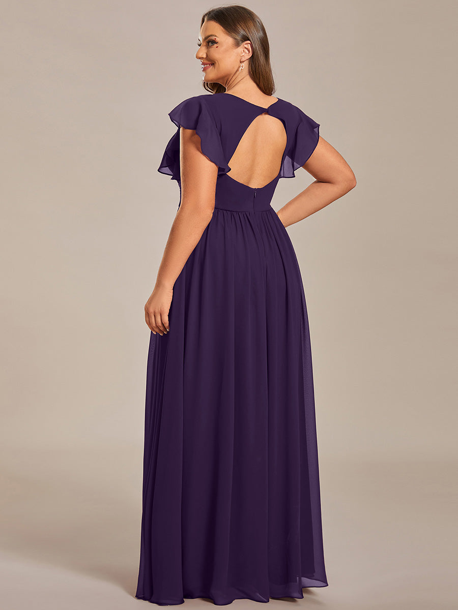Robe D'invité De Mariage En Mousseline De Soie Mi-Longue Plissée à Manches à Volants Et Col En V  #Couleur_Violet Fonce