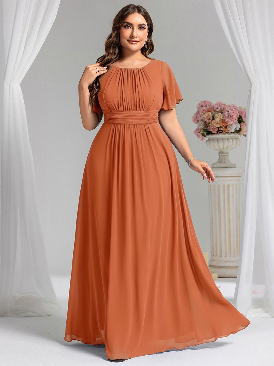 Robe de demoiselle d'honneur trapèze plissée en mousseline de soie simple, encolure ronde #Couleur_Teal Melon Ambré