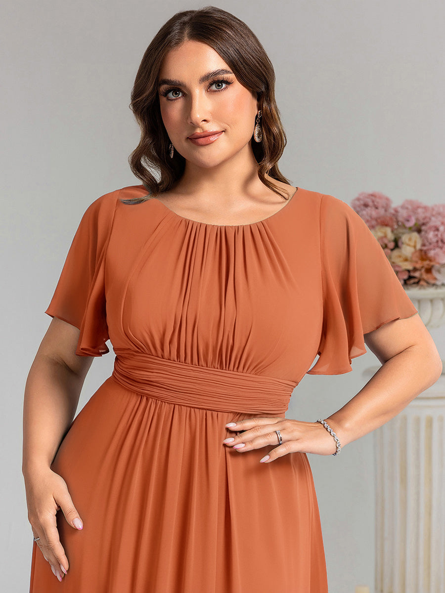 Robe de demoiselle d'honneur trapèze plissée en mousseline de soie simple, encolure ronde #Couleur_Teal Melon Ambré