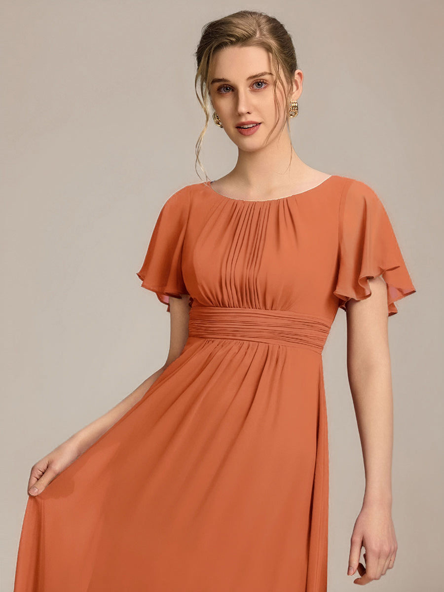 Robe de demoiselle d'honneur trapèze plissée en mousseline de soie simple, encolure ronde #Couleur_Teal Melon Ambré
