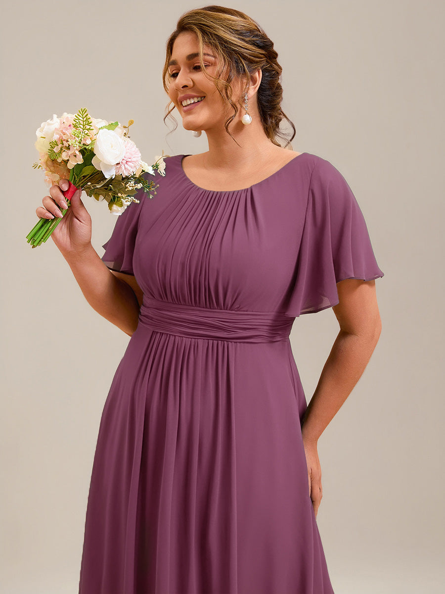 Robe de demoiselle d'honneur trapèze plissée en mousseline de soie simple, encolure ronde #Couleur_Teal Prune Foncée