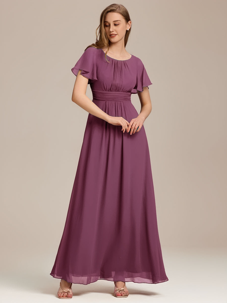 Robe de demoiselle d'honneur trapèze plissée en mousseline de soie simple, encolure ronde #Couleur_Teal Prune Foncée