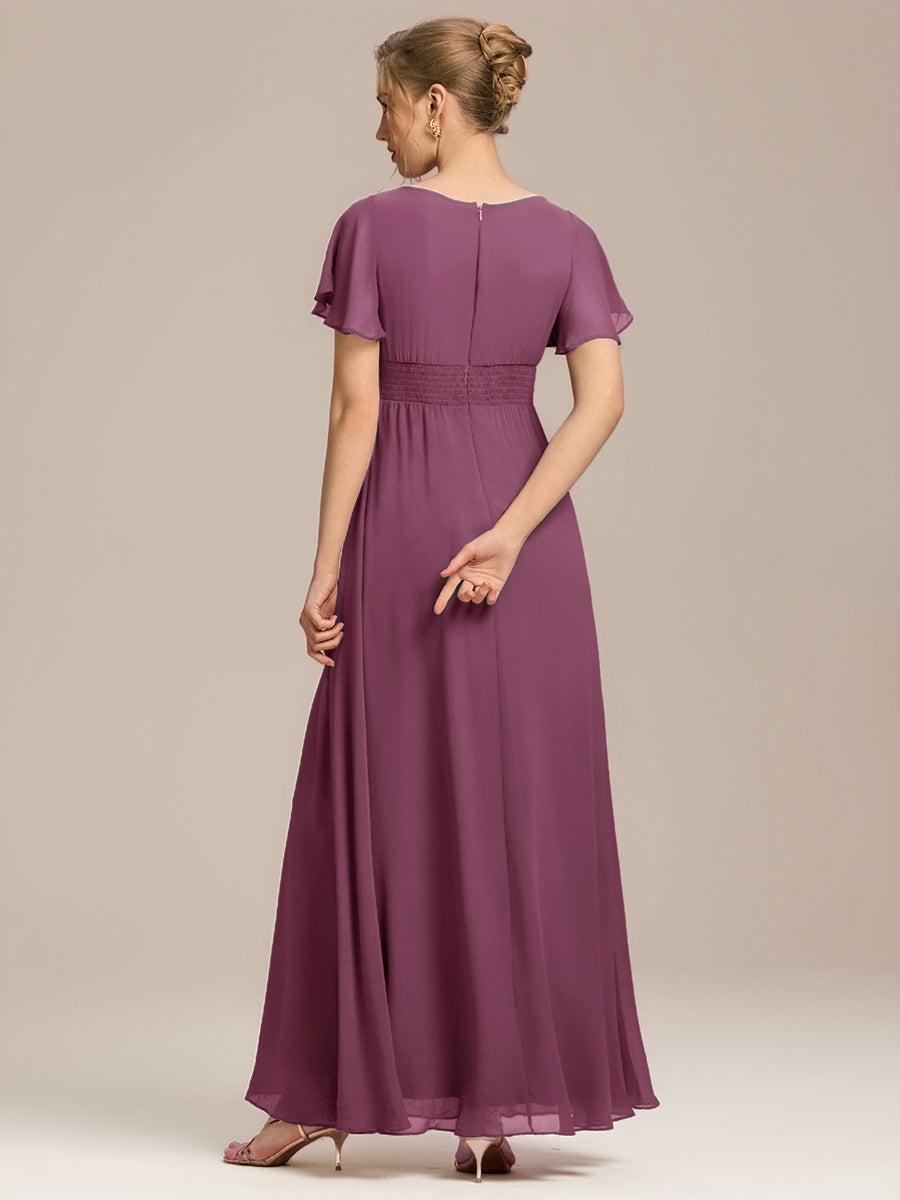 Robe de demoiselle d'honneur trapèze plissée en mousseline de soie simple, encolure ronde #Couleur_Teal Prune Foncée