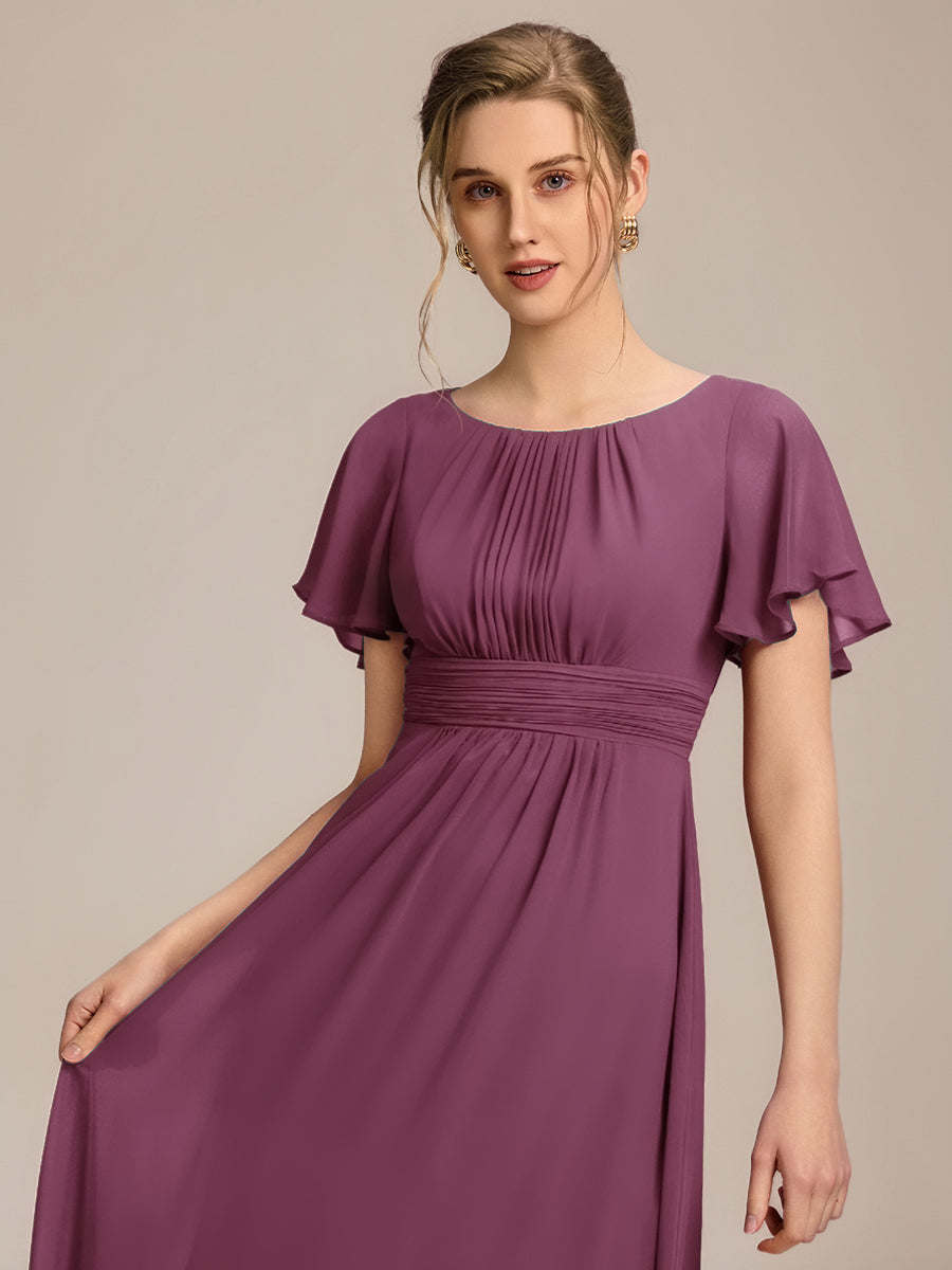 Robe de demoiselle d'honneur trapèze plissée en mousseline de soie simple, encolure ronde #Couleur_Teal Prune Foncée